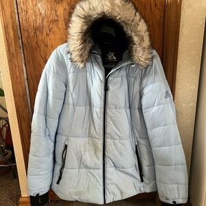 ZeroXposur Women's Light Blue Puffer Jacket with Faux Fur Hood